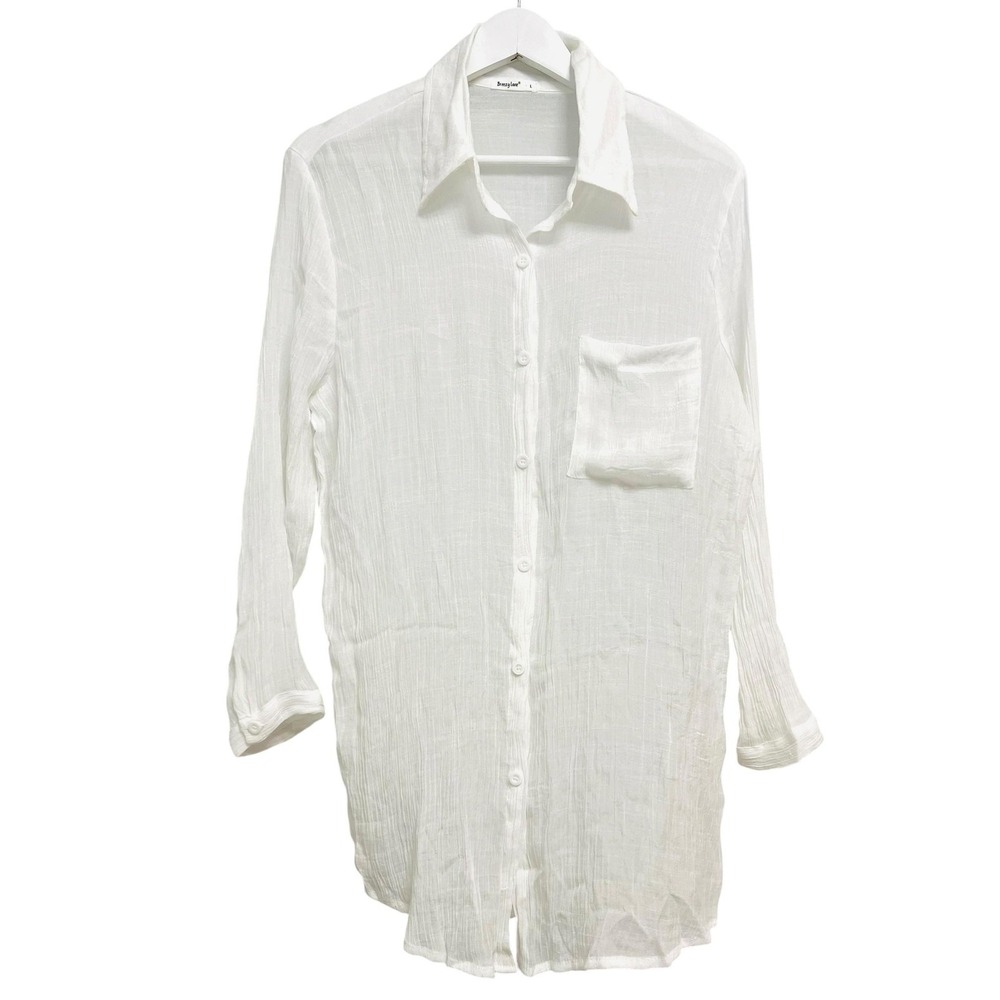 Breezy Lane‎ Shirt Womens Large White Sheer Crinkle Button Front Beach Casual